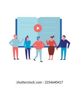 Video tutorials online training courses composition with flat human characters with gadgets and books vector illustration
