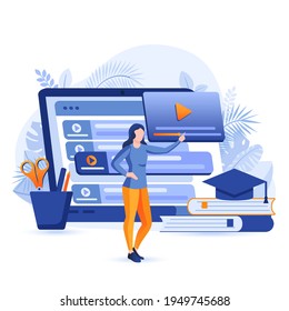 Video tutorials scene. Woman watches webinars, courses and training videos from laptop. Online education, e-learning, distance learning concept. Vector illustration of people characters in flat design