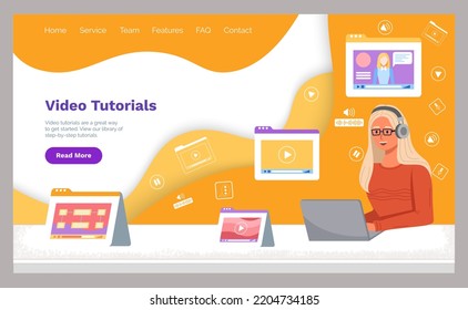 Video Tutorials, Self Study Landing Page Template. Online Lecturing. Distance Learning Opportunities, Self Education, Internet Courses. E Learning Technologies. Woman Watching Video Tutorial, Training