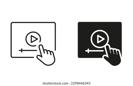 Video Tutorials Silhouette and Line Icon Set. Video Player with Mouse Pointer Black Sign. E-learning and Online Education. Distant Education and Online Webinar Pictogram. Isolated Vector Illustration.