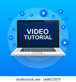 Video tutorials. Study and learning background, distance education and knowledge growth. Video conference and webinar icon. Vector stock illustration.