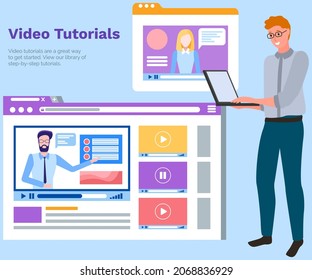Video tutorials, study and learning concept. Monitor with online player on screen. Online webinar seminar speaker student web consultation webcast e meeting video training course vector landing page