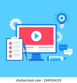 Video tutorials. Vector illustration. Webinar, online education concepts. Modern flat design. Computer with video on screen, checklist, pen, pencil, chat icon, light bulb with cog, gears etc.