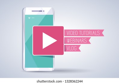 Video tutorials, webinar, vlog icon on smartphone on gray background. Online media service and education on mobile phone. Distance learning infographics concept