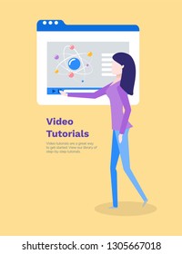 Video tutorials woman learning new information vector. Computer monitor with chemical structure, molecules and atom formula. Poster with text sample