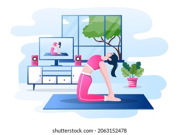 Video Tutorials with Woman Watching Yoga Online Video and Repeating Stretching Exercises for Exercising at Home. Background Vector Illustration