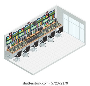 Video Tv Broadcast Studio Isometric Interior Composition With Television Production Facility Control Room Equipment And Chairs Vector Illustration