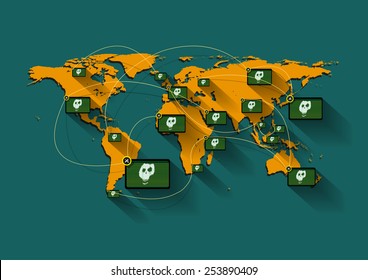 A video or TV Monitor showing symbolics skulls worldwide and can mean anything such as spreading of terror, technology crimes, or injustices in daily TV news or social network. Vector illustration.