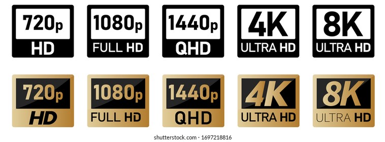 Video or tv screen resolution icons set. Black, white and golden version, size from 720p to 8k