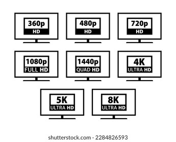 Video and TV Size Resolution sd, hd, Ultra Hd, 4k, 8k. Screen display resolution.