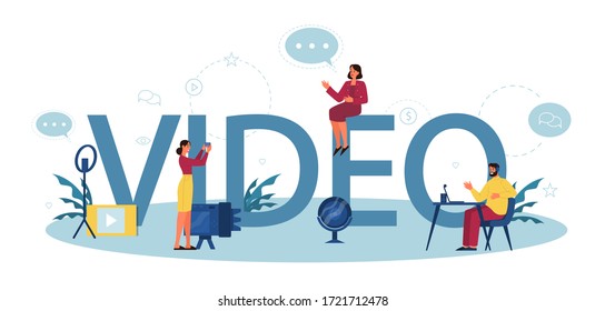 Concepto de encabezado tipográfico de vídeo. Comparte contenido en internet. Idea de medios sociales y redes. Comunicación en línea. Conjunto de ilustraciones vectoriales planas aisladas