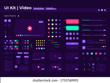 Video UI elements kit. Search for film. Multimedia control isolated vector icon, bar and dashboard template. Web design widget collection for mobile application with dark theme interface