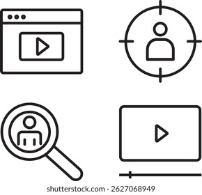 Video and UI vector icon pack—search, play, target symbols