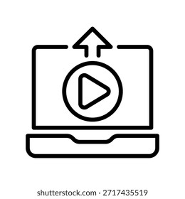 Video Icono de línea del Cargar, símbolo de esquema para almacenamiento en la nube, publicación de contenido, transferencia de archivos, copia de seguridad del servidor y uso compartido de medios. Icono de signo de Vector.