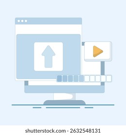 Video upload vector illustration for Streaming Platform, Internet user uploading video, streaming video file. Social, and Content Sharing. Flat Cartoon Vector.