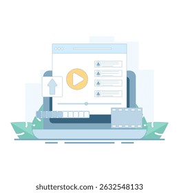 Video upload vector illustration for Streaming Platform, Internet user uploading video, streaming video file. Social, and Content Sharing. Flat Cartoon Vector.