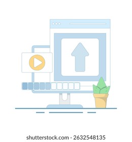 Ilustração vetorial de upload de vídeo para plataforma de streaming, upload de vídeo pelo usuário da Internet, streaming de arquivo de vídeo. Social e compartilhamento de conteúdo. Vetor de Desenho Animado Plano.