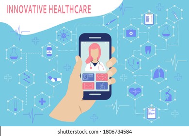 Video of a user calling a doctor using a healthcare app on a smartphone and professional online medical consultation. Innovative healthcare concept, doctor in a virtual environment.