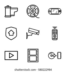 video vector icons. Set of 9 video outline icons such as movie tape, film tape, disc, camera tape, play, home security, remote control, portable game console