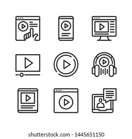 Video vector line icons. Streaming service, online cinema, mobile app, watching video on website, podcasting concepts. Simple outline symbols, modern linear graphic elements collection. Line icons set