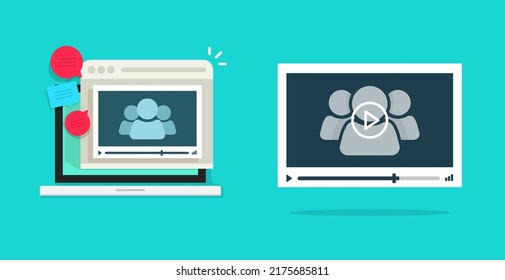 Video virtual conference call icon flat vector or online webinar videocall on computer laptop screen cartoon illustration, digital web teleconference player or distance meeting talk modern image
