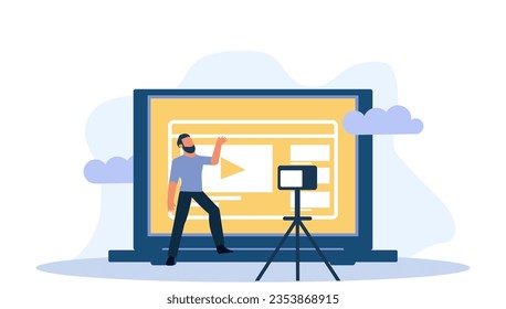 Concepto de ilustración de vector de negocio de vídeo vloger. Diseño de vlog web creador de publicidad en medios sociales. Tutorial de películas de webinar en línea. Canal de blogs explicador con cámara. Bloguear como