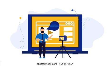 Video vlogger business vector illustration concept. Web vlog design social media broadcast advertising creator. Online stream webinar movie tutorial. Explainer blog channel with camera. Blogging like