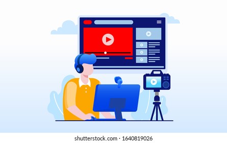 Video vlogger production, content creator landing page website illustration flat vector template 