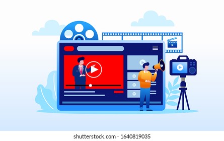 Video vlogger production, content creator landing page website illustration flat vector template 