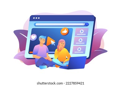 El concepto de gradiente violeta de vigilancia de vídeo con la escena de personas en el diseño de dibujos animados planos. Una pareja joven viendo un video divertido en un ambiente acogedor. Ilustración vectorial.