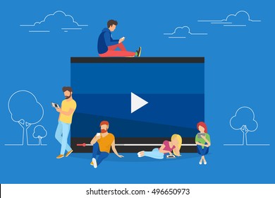 Video watching concept illustration of young people using mobile gadgets, tablet pc and smartphone for live watching a video via internet. Flat design of guys and women staying near big symbol