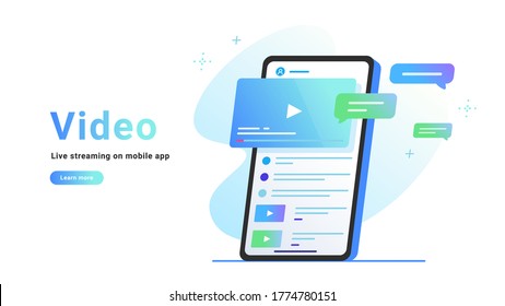 Video watching and live streaming on mobile app. Gradient vector illustration of smartphone screen with online video and speech bubbles as comments. Promo banner for socila media on white background