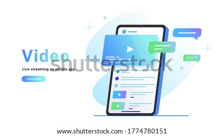 Video watching and live streaming on mobile app. Gradient vector illustration of smartphone screen with online video and speech bubbles as comments. Promo banner for socila media on white background