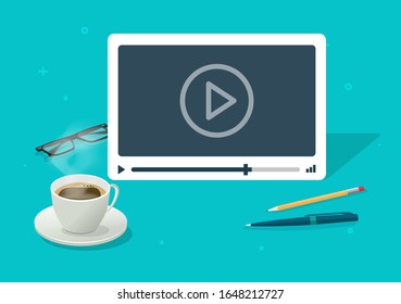 Video watching on abstract isometric working desk table vector illustration flat cartoon, idea of webinar or movie online, internet digital courses or study modern design
