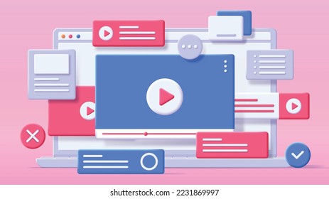 Video in web 3D. Interface for programs, software and applications, modern technologies and digital world. Graphic elements for website. Template, layout and mockup. Cartoon vector illustration