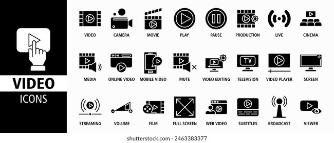 Video Web icono de Anuncio establecer Ilustración vectorial. Video Con cámara, reproducción, pausa, multimedia, en línea Colección de iconos sólidos.