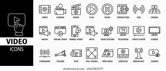 Video web banner icon set vector illustration. Containing camera, play, pause, media, online video, live, production, player, movie and cinema icons. Solid icon collection.