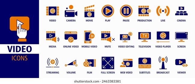 Video web banner icon set vector illustration. Containing camera, play, pause, media, online video, live, production, player, movie and cinema icons. Solid icon collection.