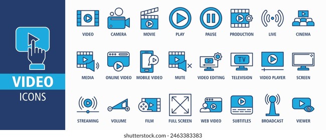 Video Web icono de Anuncio establecer Ilustración vectorial. Video Con cámara, reproducción, pausa, multimedia, en línea Colección de iconos sólidos.