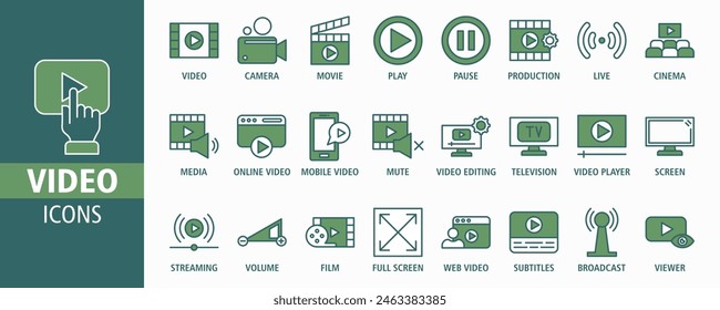 Video web banner icon set vector illustration. Containing camera, play, pause, media, online video, live, production, player, movie and cinema icons. Solid icon collection.