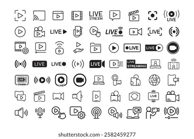 Video web banner icon set vector illustration. Containing camera, play, pause, media, online video, live, production, player, movie and cinema icons. Solid icon collection