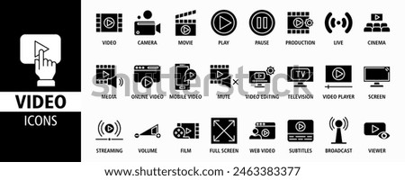 Video web banner icon set vector illustration. Containing camera, play, pause, media, online video, live, production, player, movie and cinema icons. Solid icon collection.