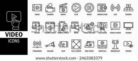 Video web banner icon set vector illustration. Containing camera, play, pause, media, online video, live, production, player, movie and cinema icons. Solid icon collection.