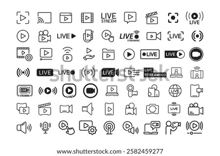 Video web banner icon set vector illustration. Containing camera, play, pause, media, online video, live, production, player, movie and cinema icons. Solid icon collection