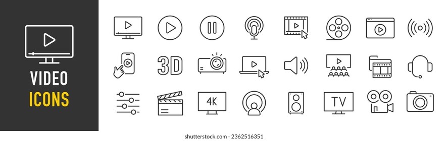 Iconos web de vídeo en estilo de línea. Cámara, juego, cine, cine, en vivo, medios, colección. Ilustración vectorial.