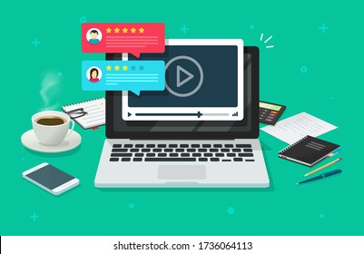 Análisis de contenido de webinar en vídeo comentarios testimonios retroalimentación en línea en ordenador portátil o pc reputación tasa de chat escritorio vectorial plano, Internet o reproductor de vídeo web con sondeo de clasificación moderna