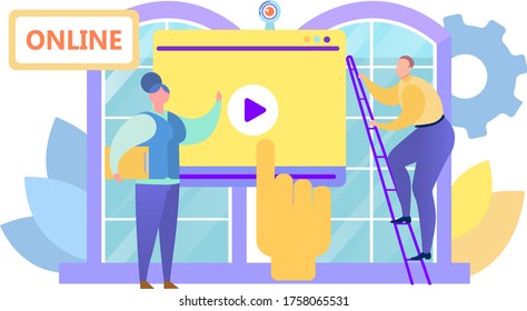 Video webinar in internet media, vector illustration. Play button on screen, online computer business communication technology. Man woman people character in network education tutorial.