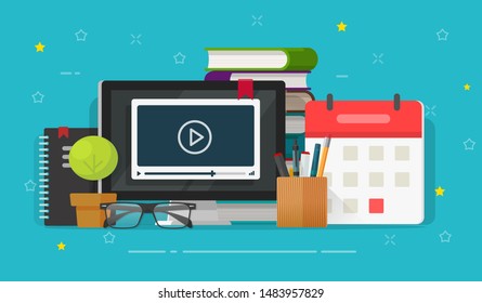 Video webinar learning concept or distance study on computer online vector, flat cartoon working table desk with education stuff, idea of web courses or internet lesson, school or student workplace
