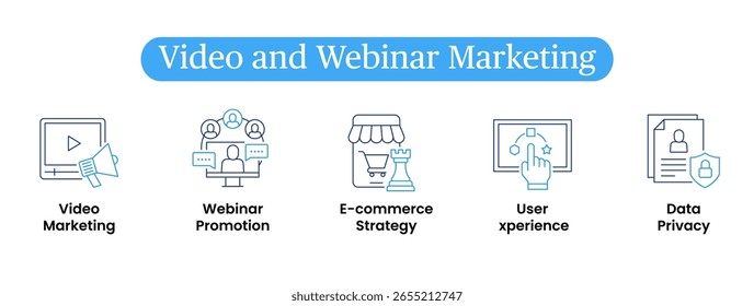 Video Conjunto de iconos de Vector Video de marketing y webinar – icono de marketing, icono de promoción de webinar, estrategia de comercio electrónico