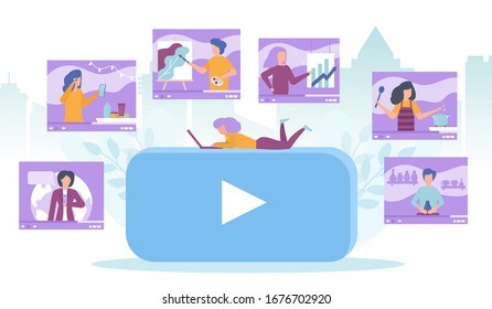 Video webinar, online conference, e-learning cartoon vector illustration of many sqreens and start arrow. Video player online information and education on tablet computer.